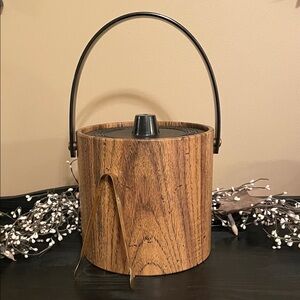 Mid-Century Faux Wood Ice Bucket with Handle and Tongs - ‘Mr. Ice Bucket’ Brand